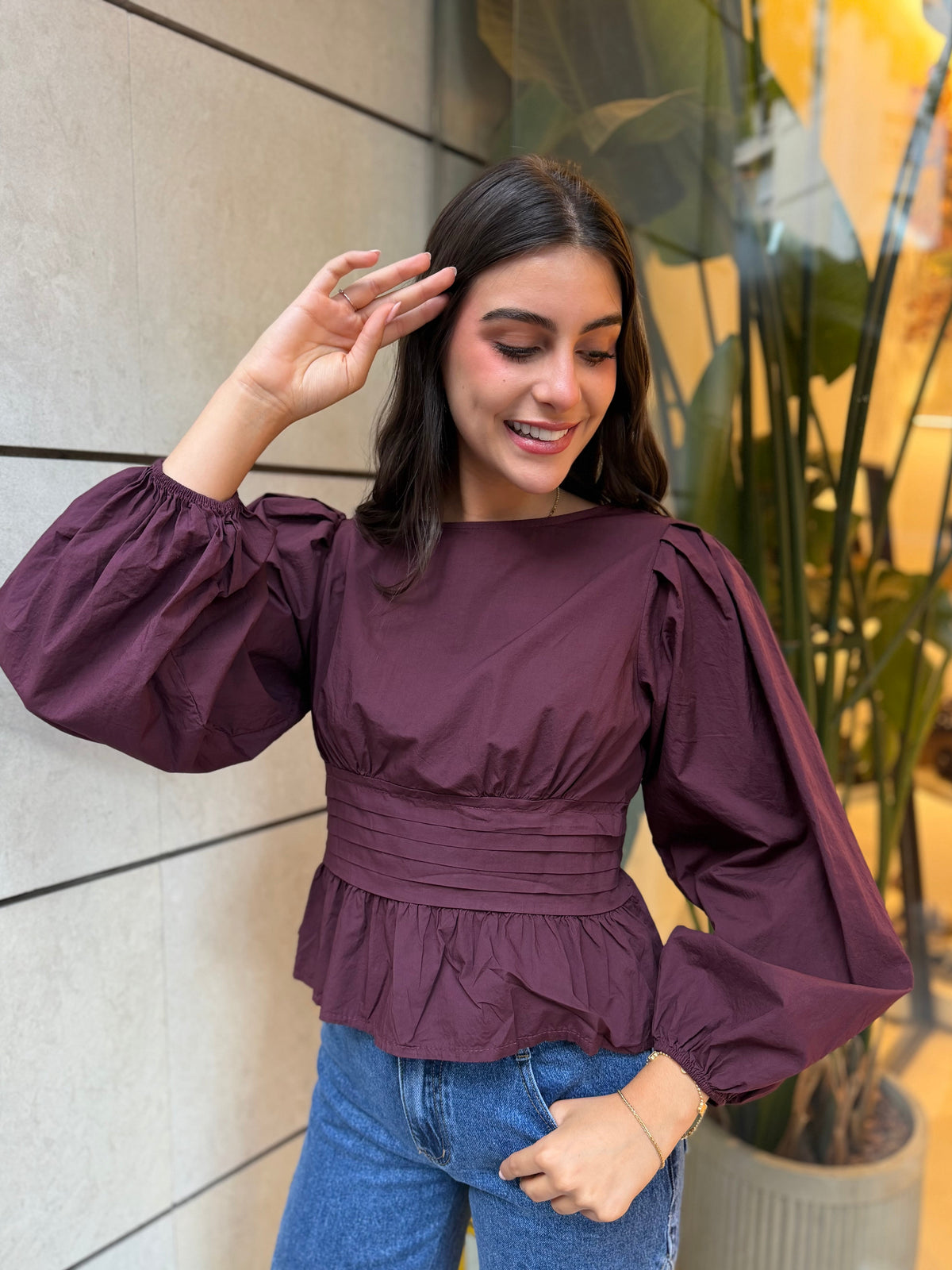 Blusa Lisa Fajín Manga Granate