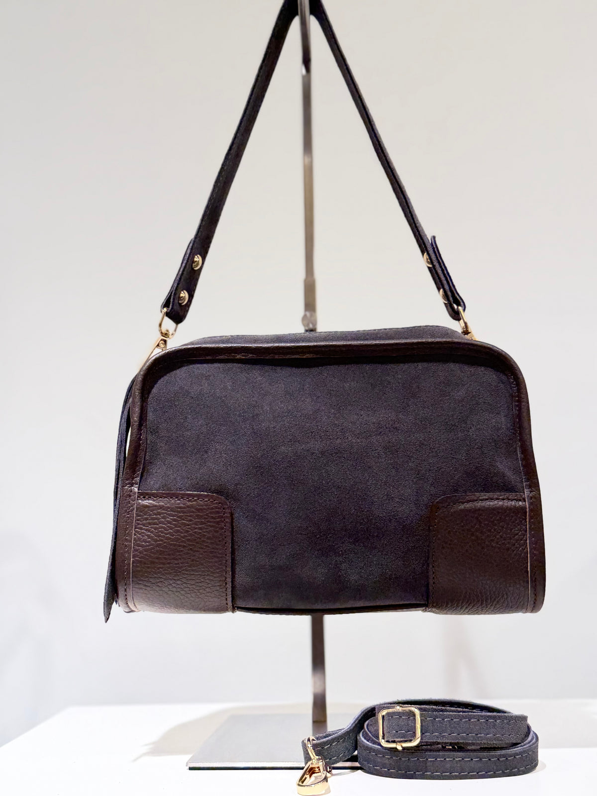 Bolso Antelina Combinado Piel Gris