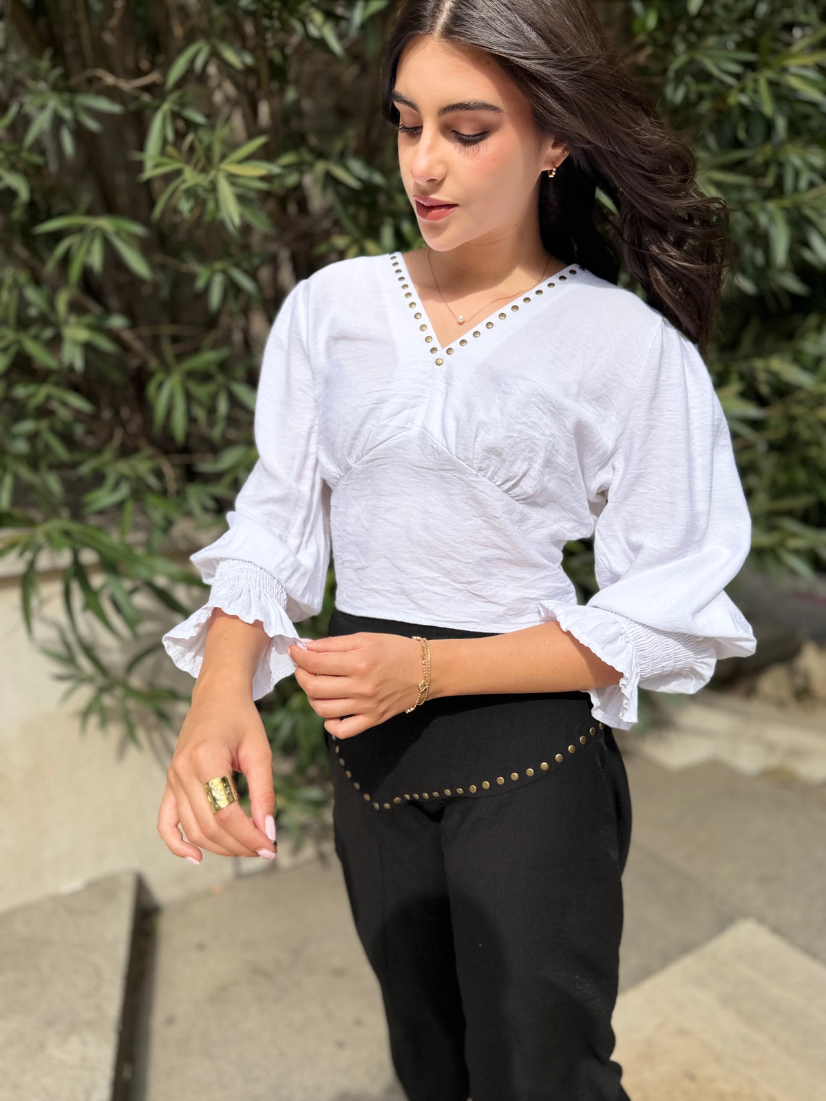 Blusa Pico Manga Tachas