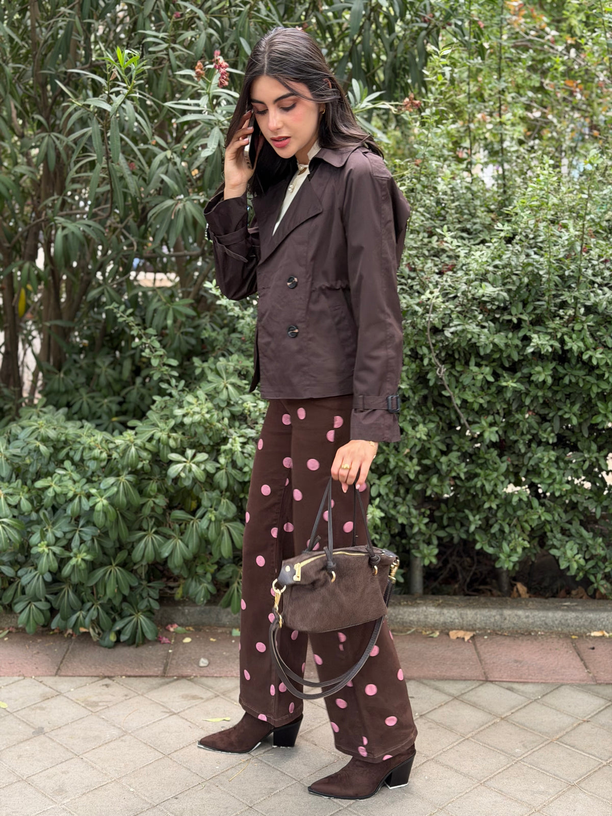 Pantalón Marrón Lunar Rosa