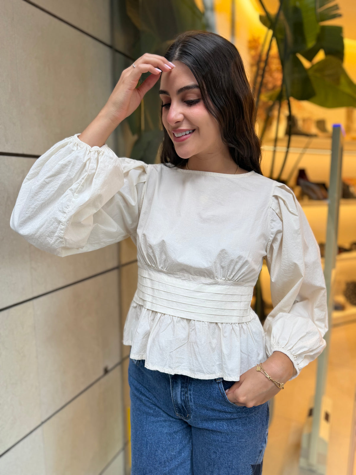 Blusa Lisa Fajín Manga Beige