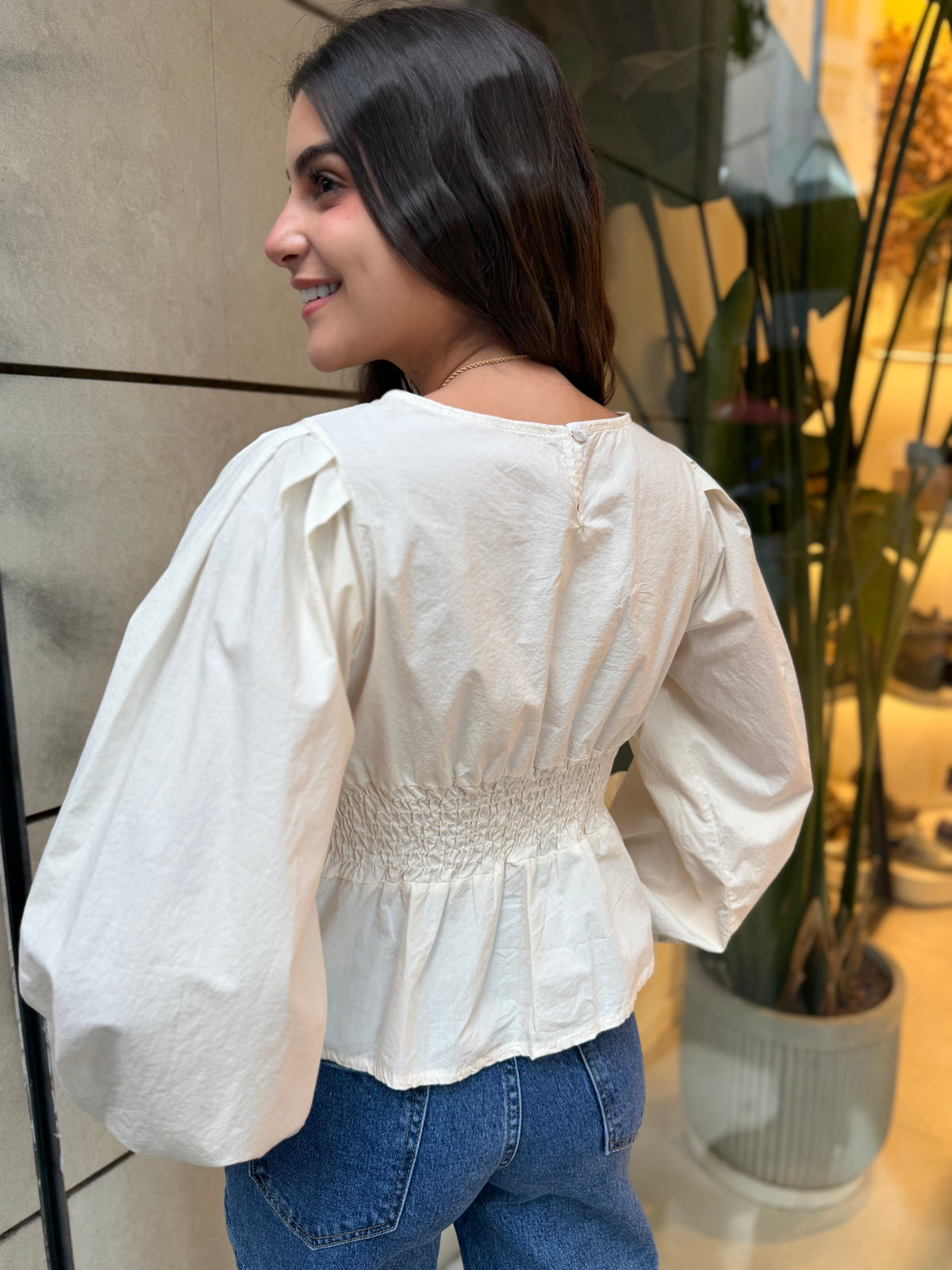 Blusa Lisa Fajín Manga Beige