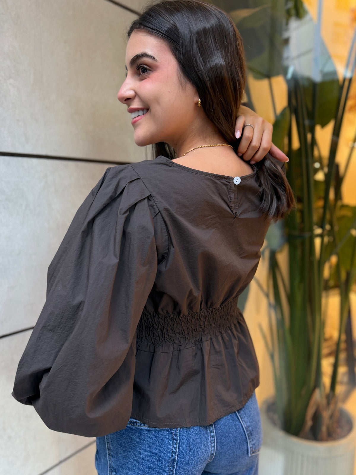 Blusa Lisa Fajín Manga Marrón
