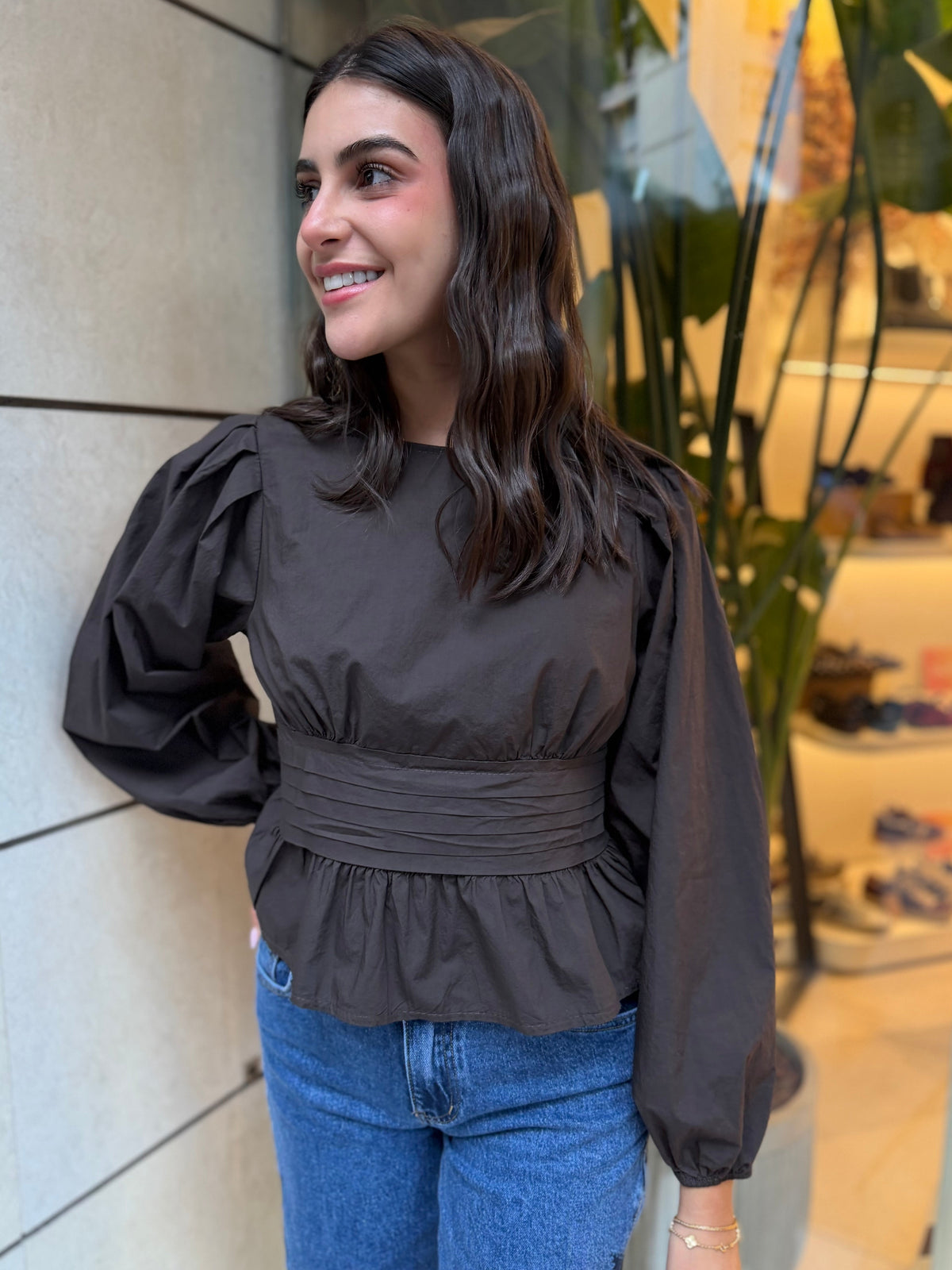 Blusa Lisa Fajín Manga Marrón