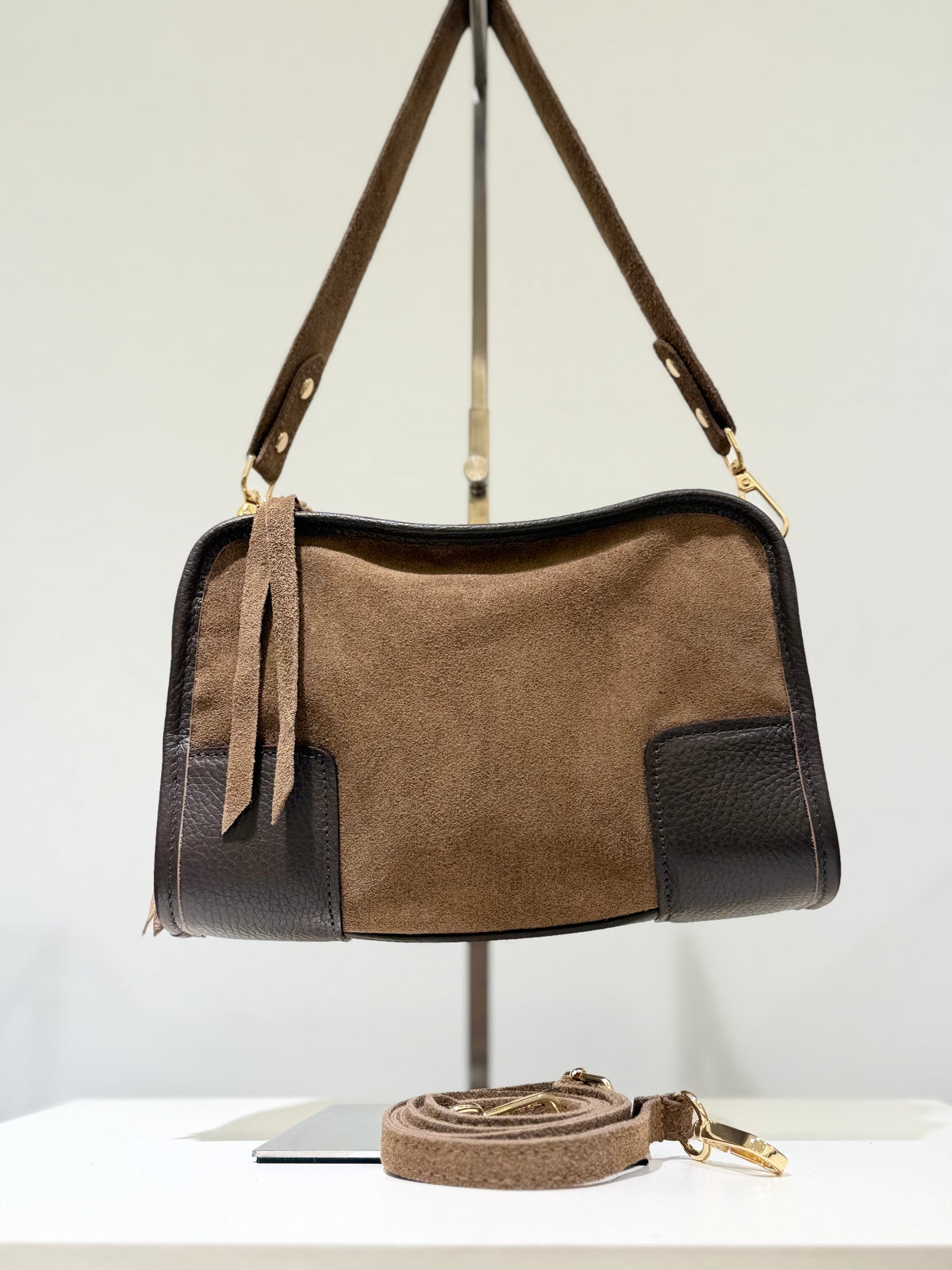Bolso Antelina Combinado Piel Taupe
