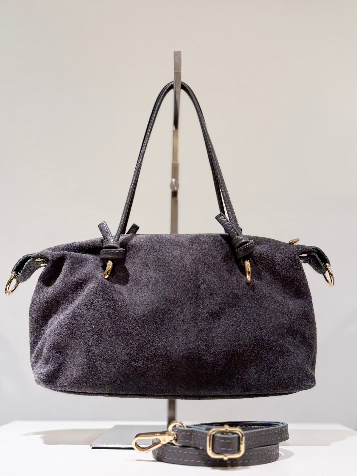 Bolso Piel Ante Mini Asa Piel Gris
